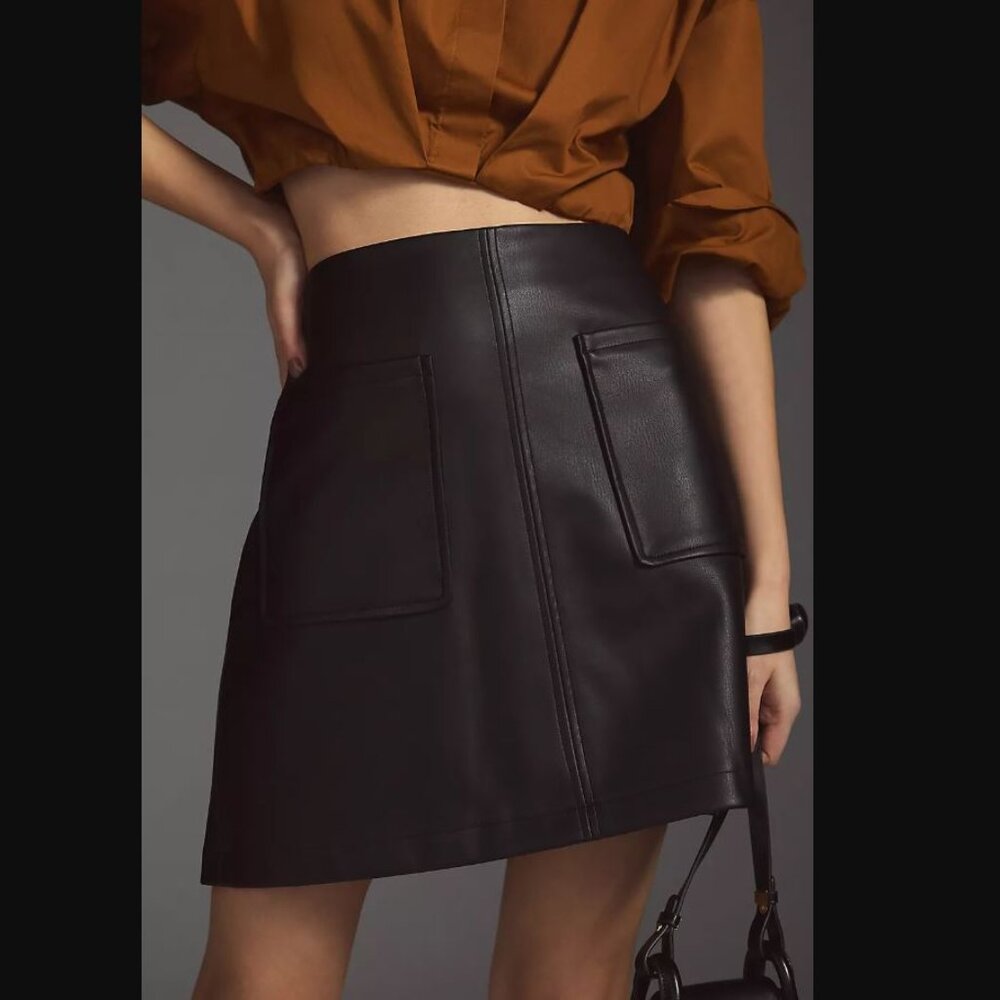 Anthropologie | Maeve Faux Leather A-Line Mini Skirt | Black, XL